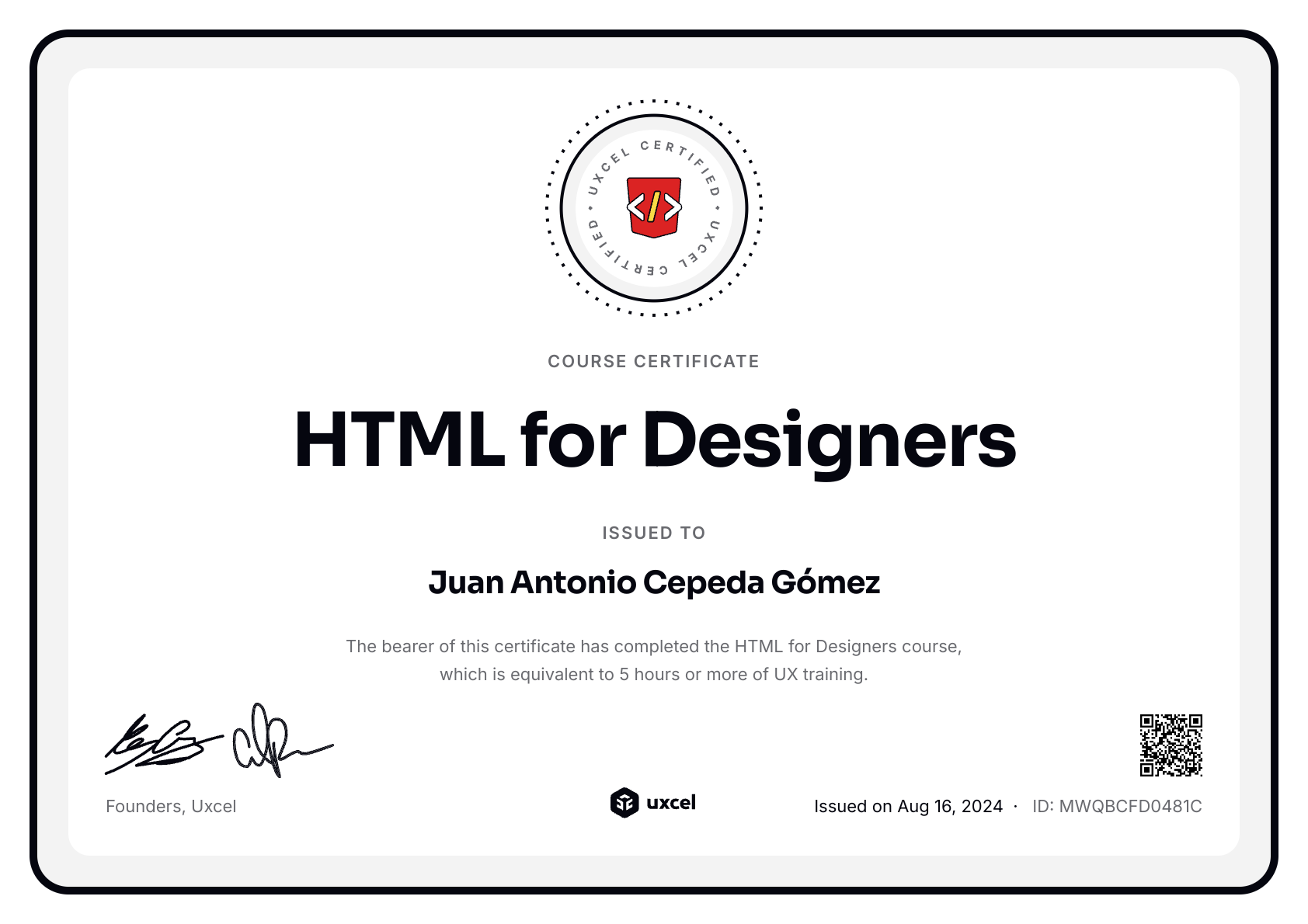 Juan Antonio Cepeda Gómez's certificate